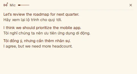 The compact overlay in its solid style: a small window with a live transcript and translation.
