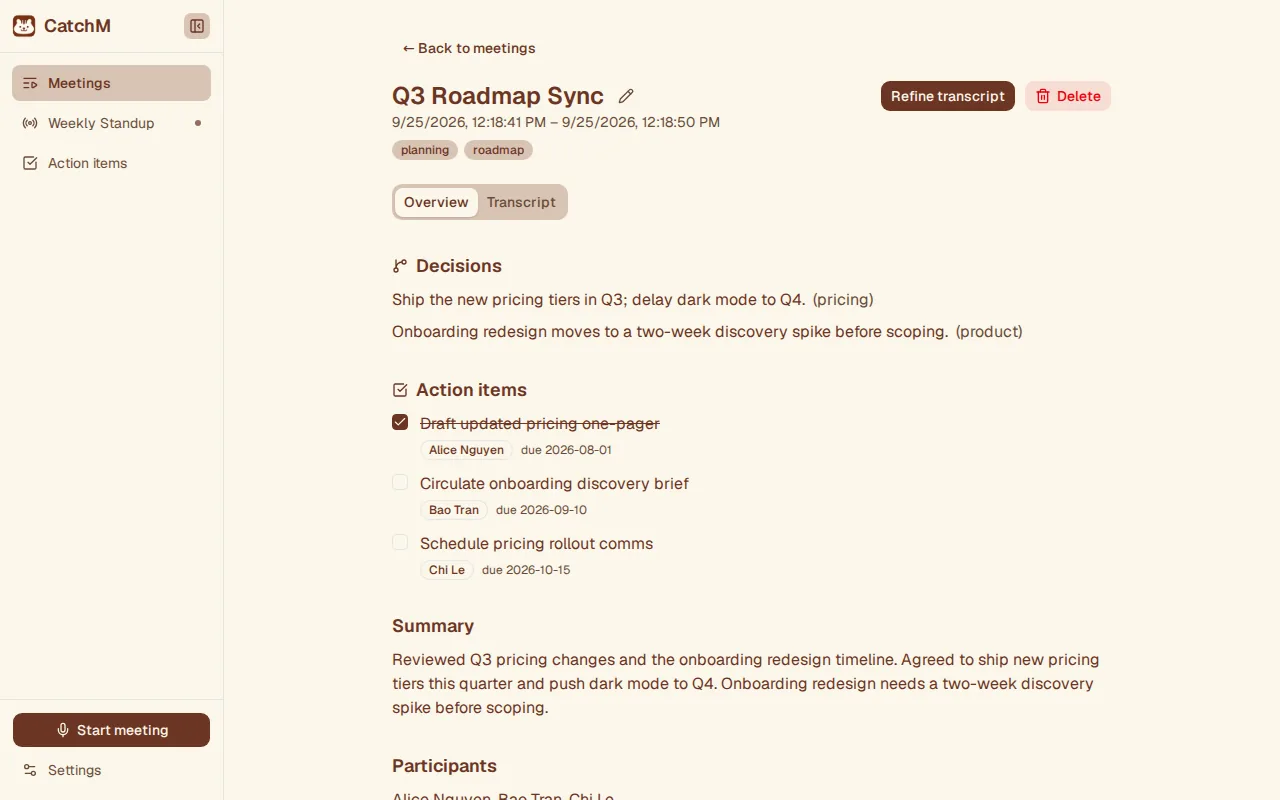 CatchM's meeting page for a Q3 roadmap sync, with its decisions, action items with owners and due dates, and a summary.