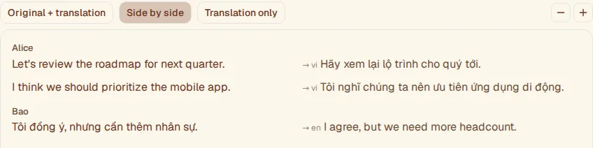 The same transcript in side-by-side layout, original on the left and translation on the right.