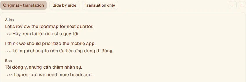 A live transcript with each line in its original language and its translation underneath. Buttons switch between original plus translation, side by side, and translation only.